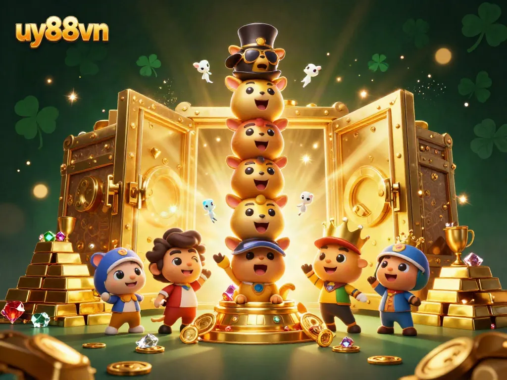 Engage with uy88vn's thrilling casino elements in a vibrant 3D cartoon illustration.