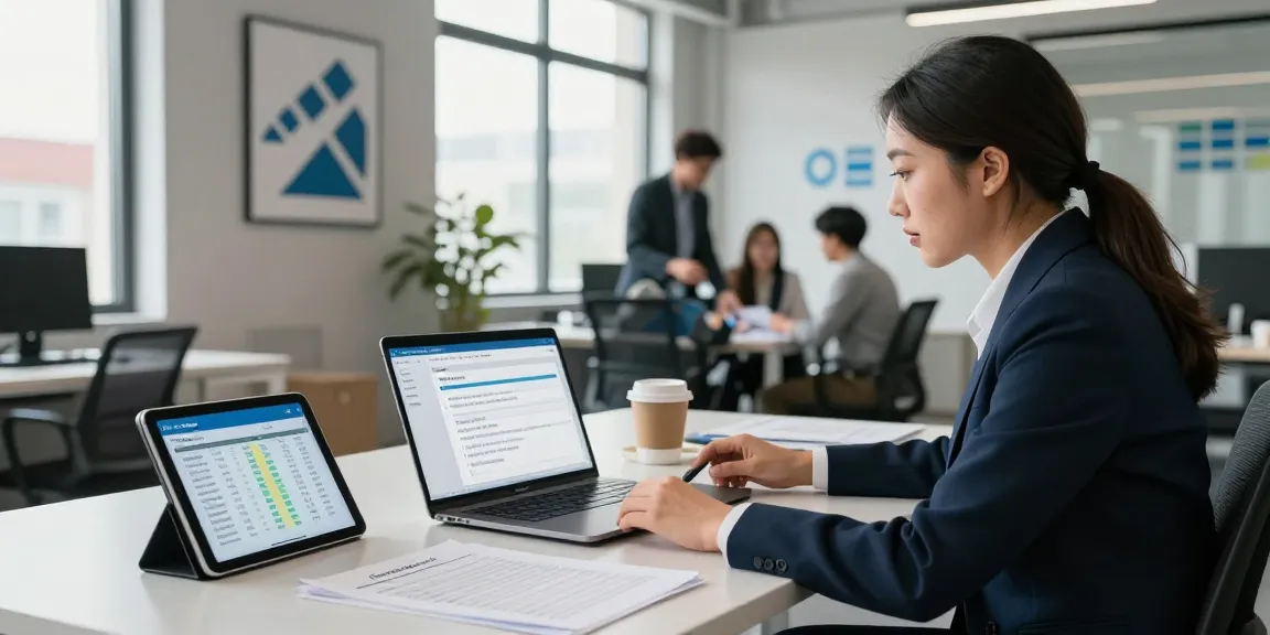 Professional managing supplier due diligence with software in a bright office environment.