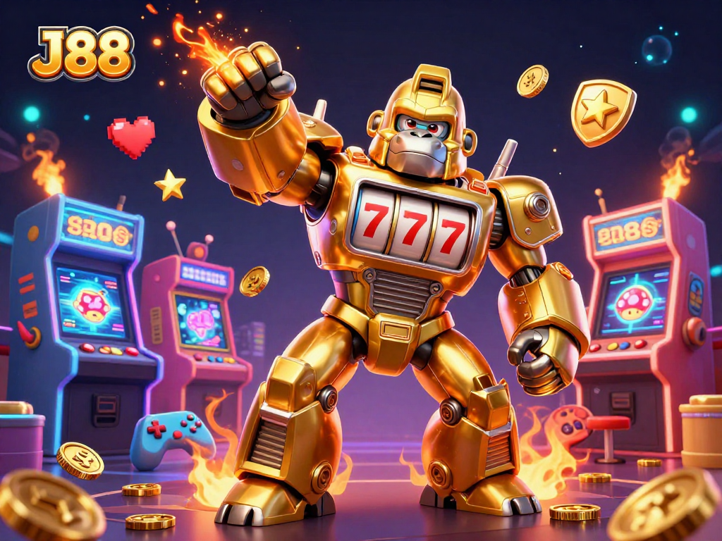 Experience winning moments with J88's 3D golden gorilla mech surrounded by vibrant gaming elements.