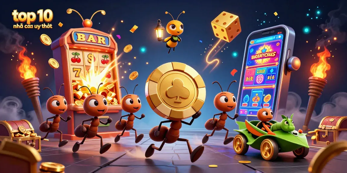 Engaging 3D illustration showcasing top 10 nhà cái uy tín with playful ants, a firefly lookout, and a grasshopper driver amidst casino-themed elements.