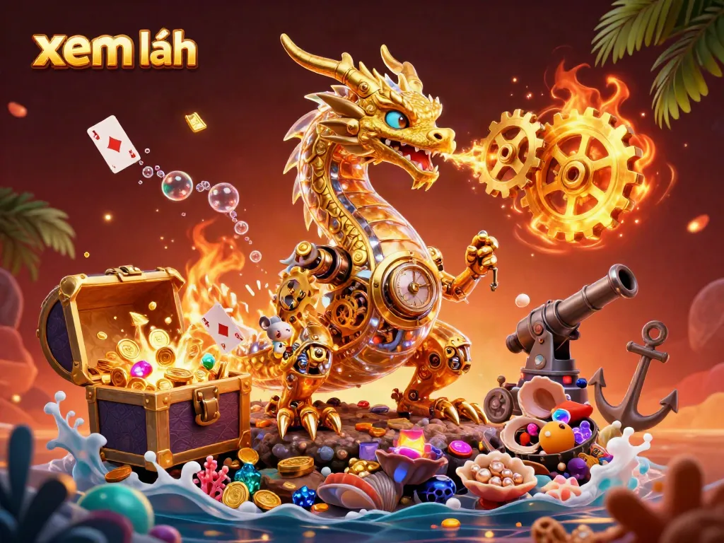 Experience the excitement of gaming with "xem thêm" as a golden dragon contrasts against vibrant slots and gems.