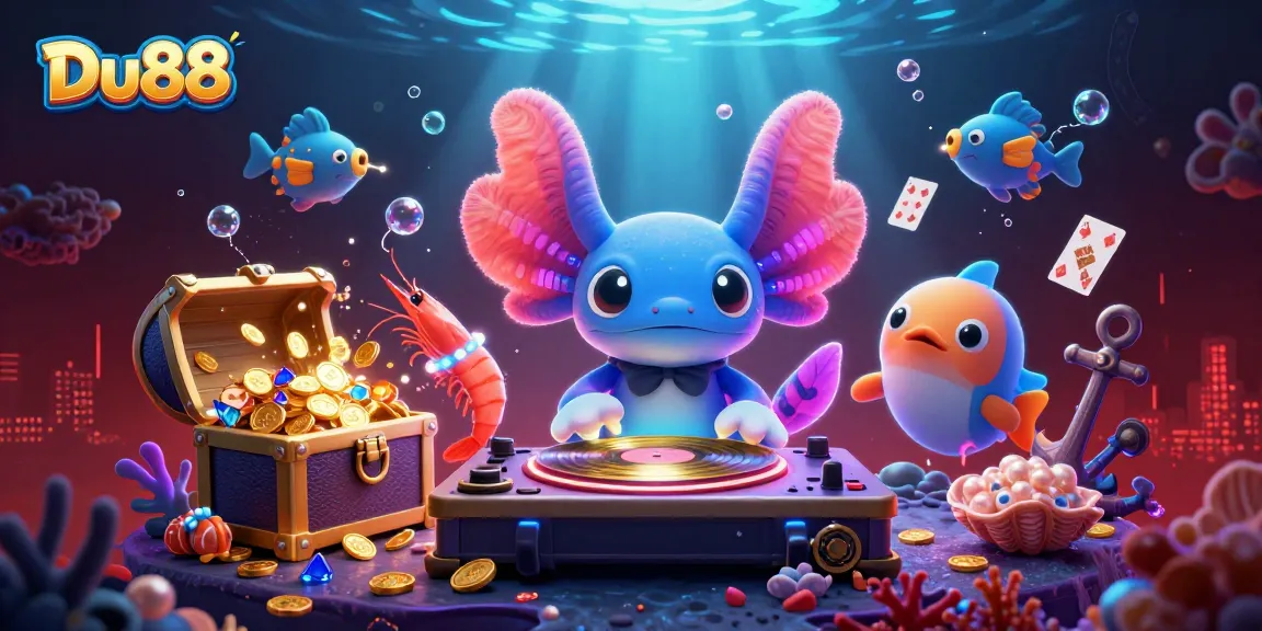 Experience Du88 at this vibrant underwater casino scene with lively axolotl DJ and treasure!