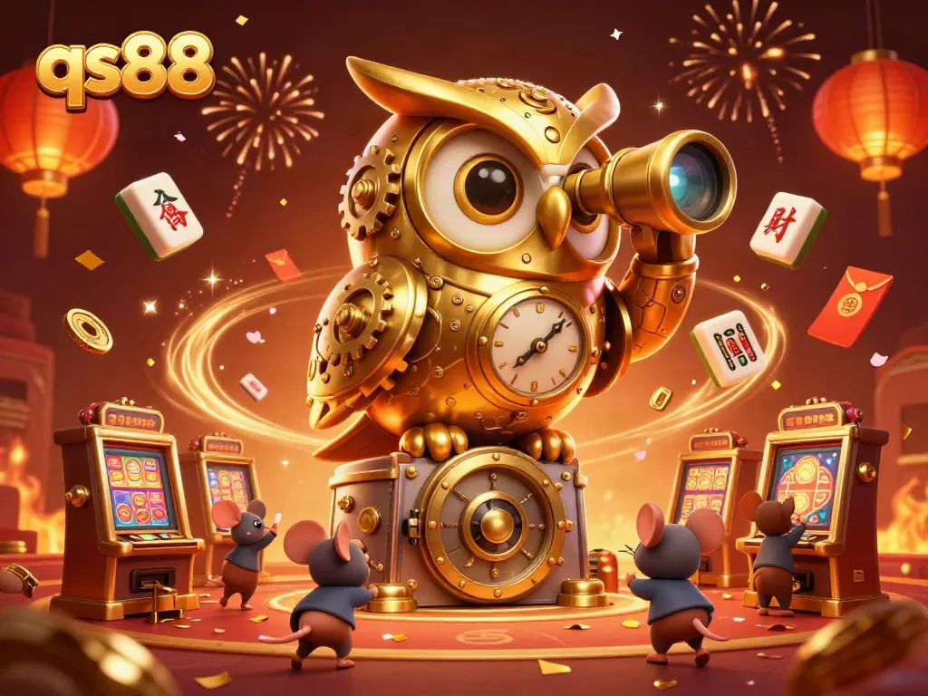 Experience the thrill of qs88 with a vibrant 3D casino scene featuring a golden owl and festive game elements.