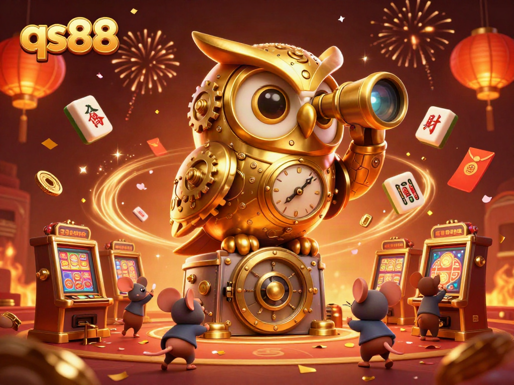 Experience the thrill of qs88 with a vibrant 3D casino scene featuring a golden owl and festive game elements.