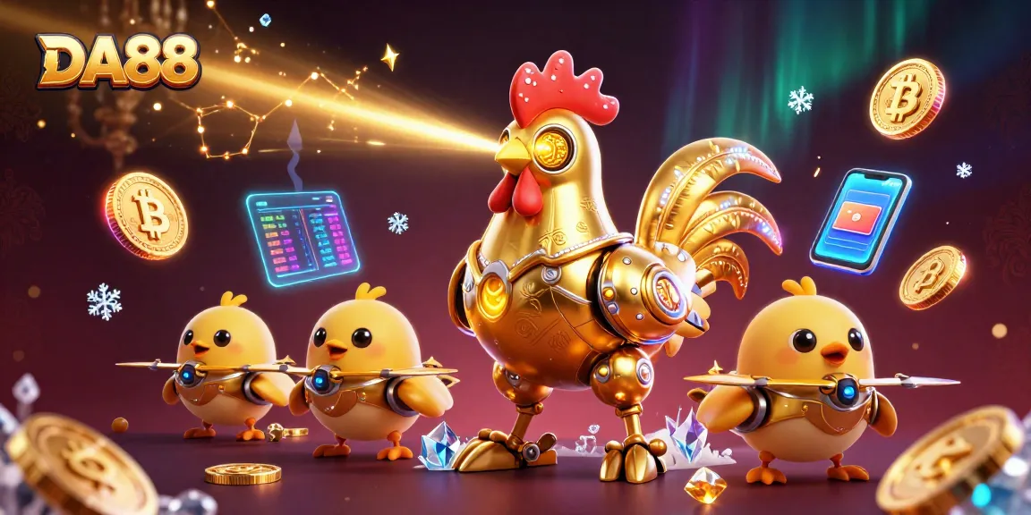 Engage in DA88 casino thrills with a dynamic scene featuring a golden rooster robot and crypto elements