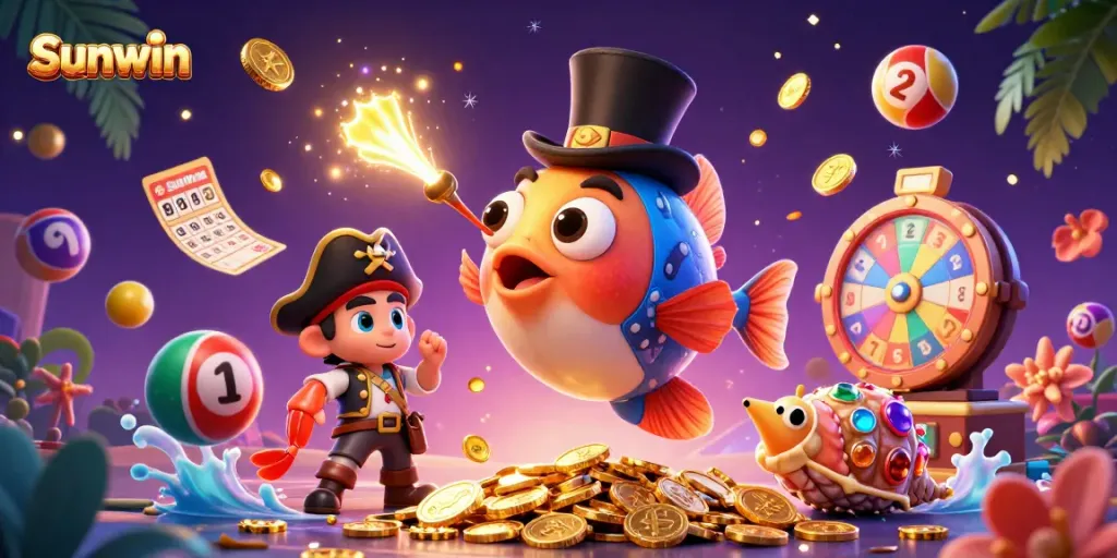 Attract golden coins playing exciting games at Sunwin with vibrant lottery themes and fun characters.