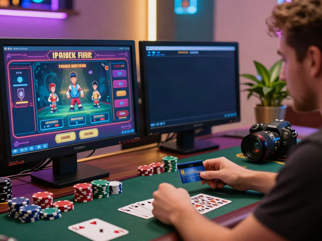 Exciting moment at online casinos that accept credit cards with player at desk and vibrant game screen.