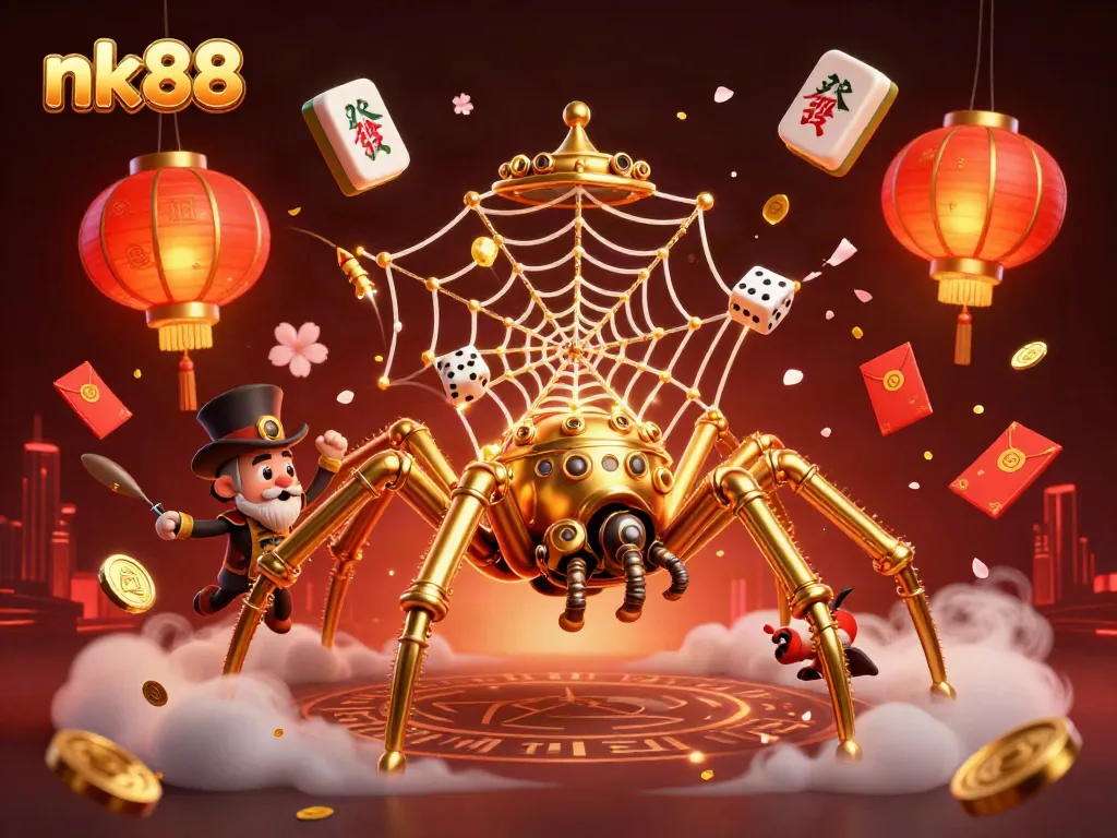 nk88 showcases a captivating scene with a golden spider and Victorian fly gentleman amidst vibrant casino-themed visuals.