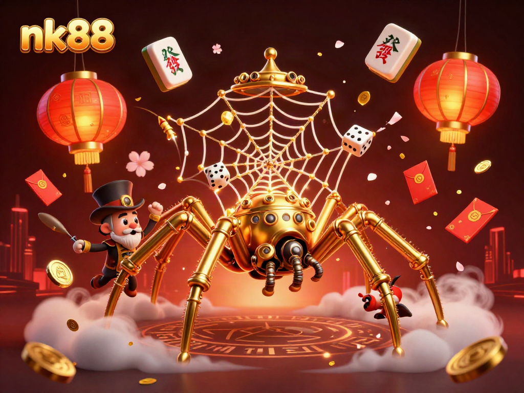 nk88 showcases a captivating scene with a golden spider and Victorian fly gentleman amidst vibrant casino-themed visuals.
