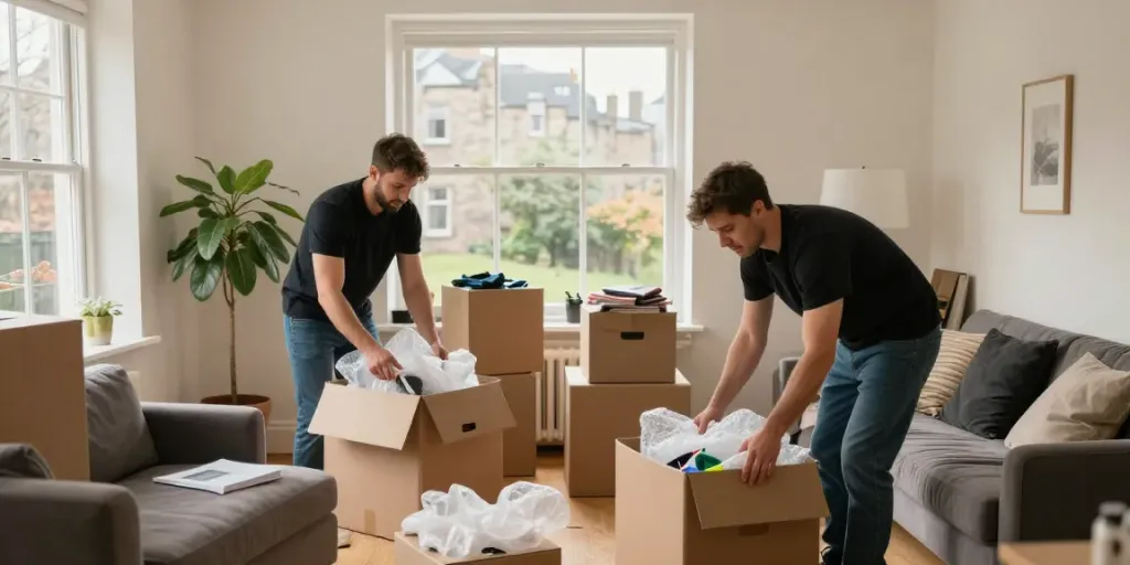 House Clearance Edinburgh professionals carefully packing belongings during a home clearance.