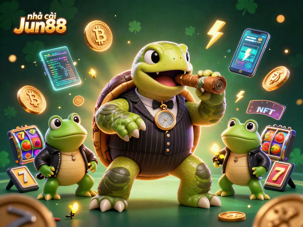 Engage with nhà cái Jun88 in a vibrant casino scene featuring a turtle mobster and dynamic gaming elements.