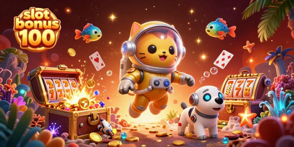Engage with slot bonus 100 in this vibrant 3D illustration, showcasing colorful slot reels and jackpot symbols.