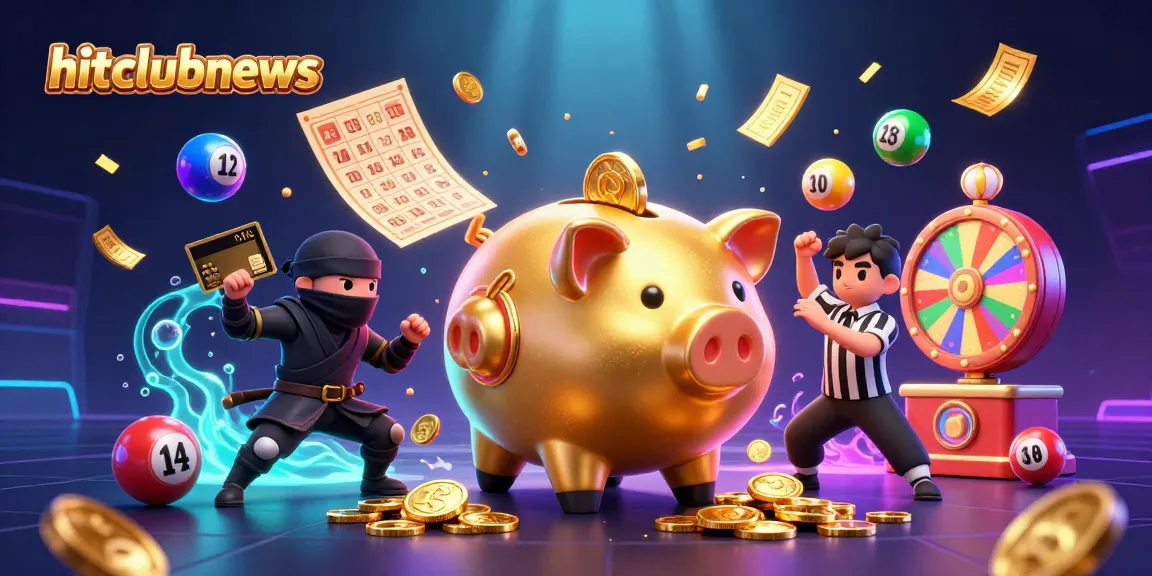 Engage with the dynamic gaming world of hitclubnews, featuring a golden piggy bank sumo wrestler amidst vibrant lottery elements.