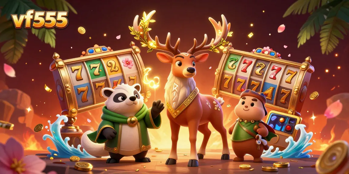 Experience thrilling victories at vf555 casino with vibrant slot reels and enchanting characters.