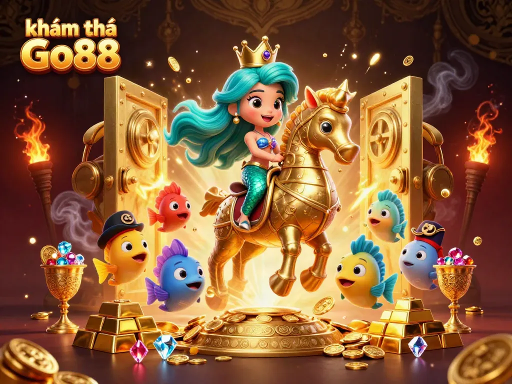 Engage with thrilling games at khám phá Go88 through an enchanting mermaid scene filled with treasures.