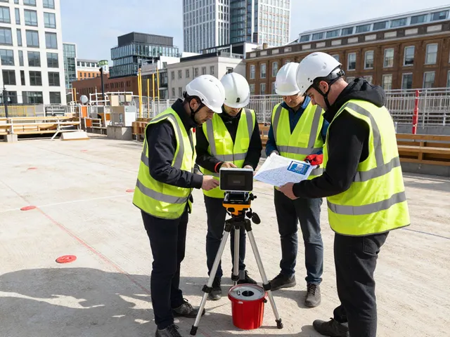 Utility Survey London team using GPR technology on construction site, showcasing urban landscape and collaboration.
