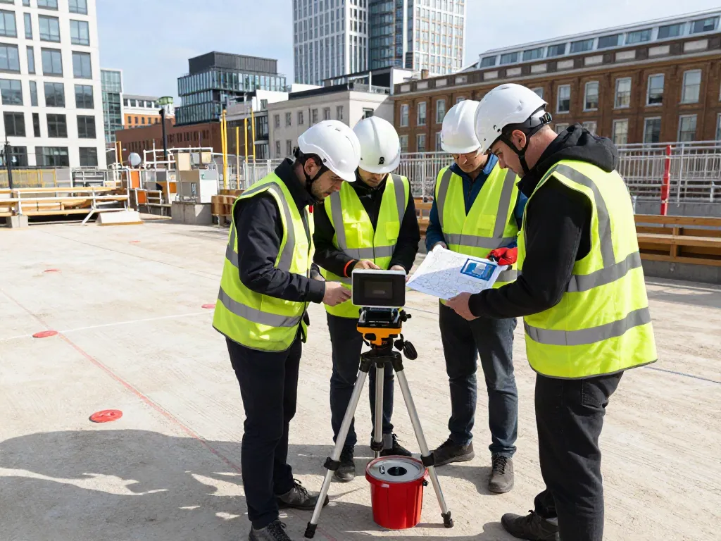 Utility Survey London team using GPR technology on construction site, showcasing urban landscape and collaboration.
