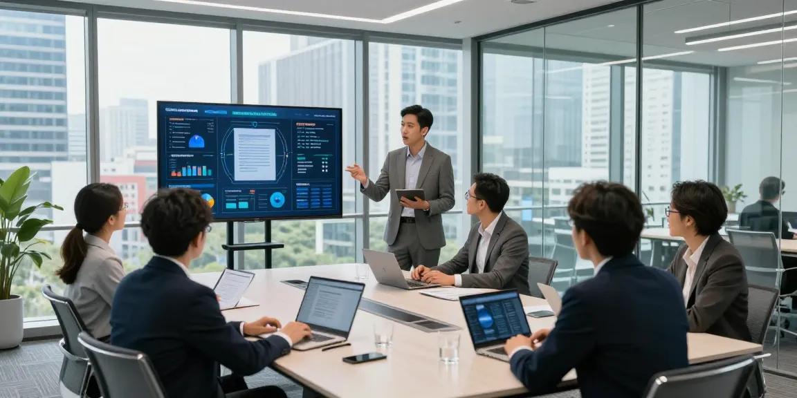 Collaborative team reviewing business contract ee options in modern conference room