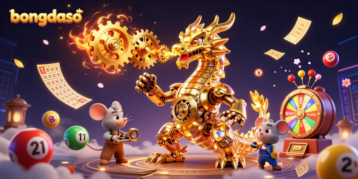Engage in dynamic gameplay with bongdaso, surrounded by colorful lottery elements and a golden dragon.