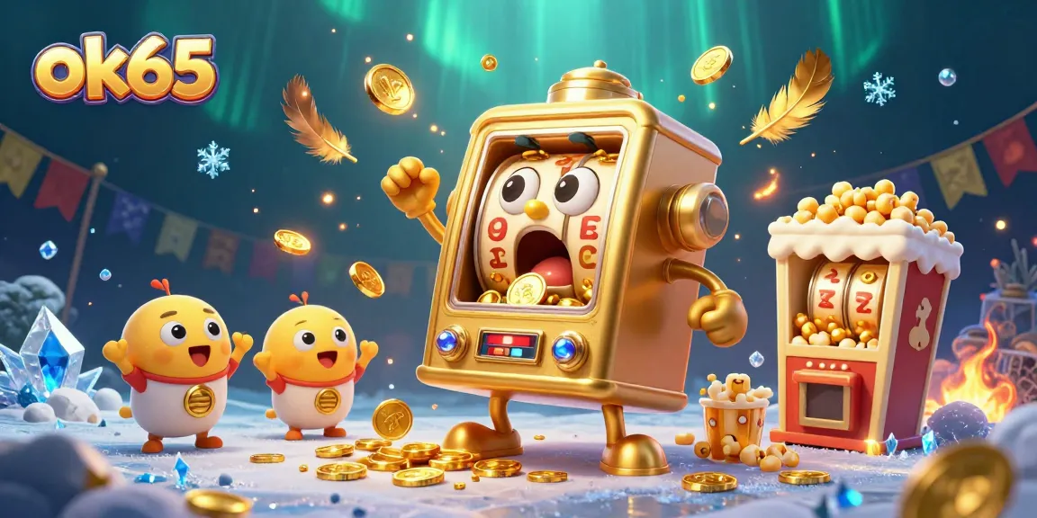 ok65 slots jackpot scene with golden machines celebrating, lively and colorful casino atmosphere