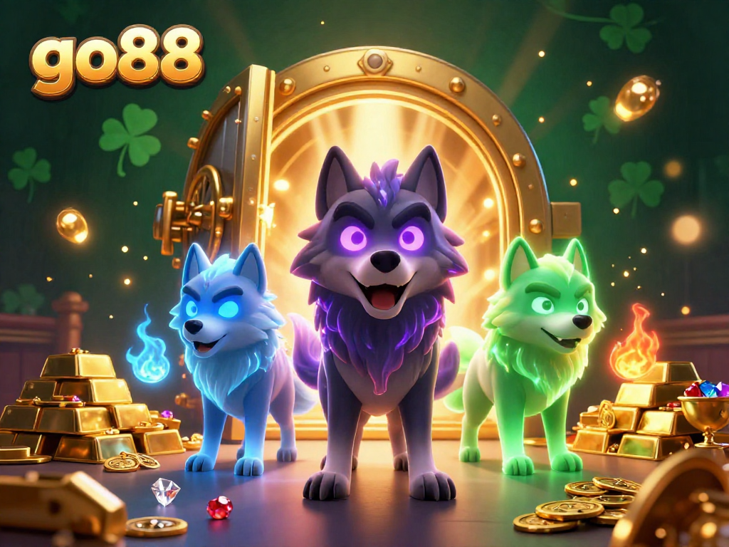 Join the casino excitement with go88, featuring a vibrant scene of glowing wolves and treasures.
