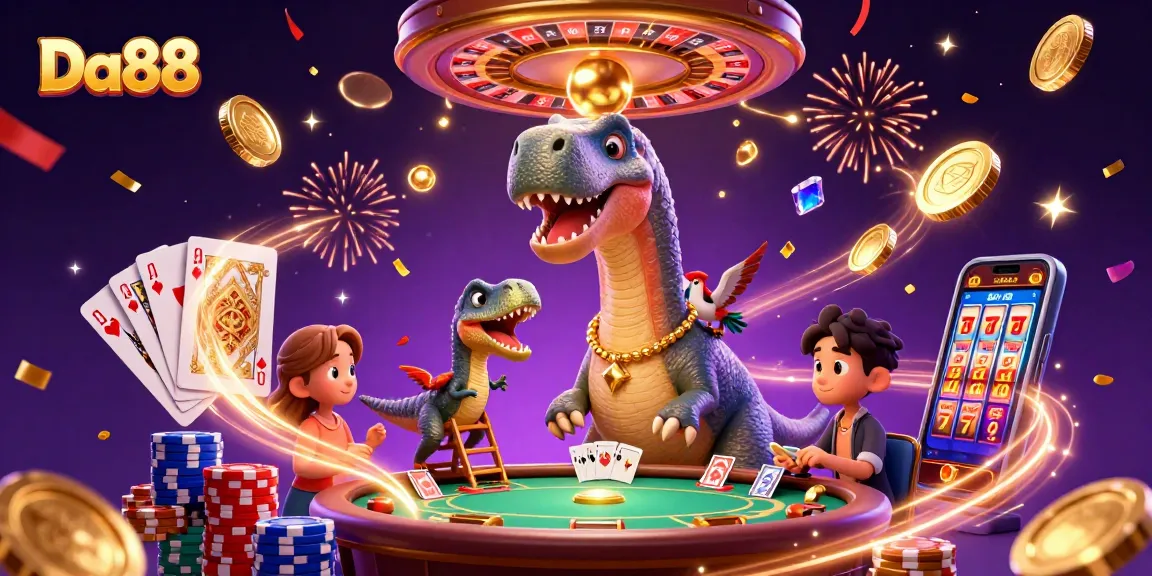 Experience Da88 casino thrills with a colorful 3D cartoon scene featuring action-packed gaming elements.