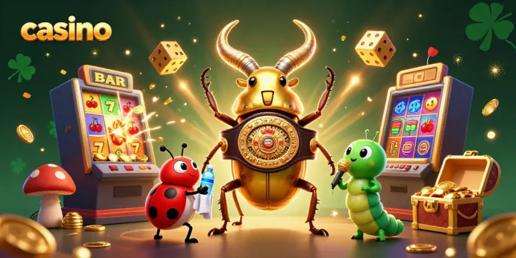 Engage with a vibrant casino scene featuring a giant golden stag beetle and exciting gaming elements.
