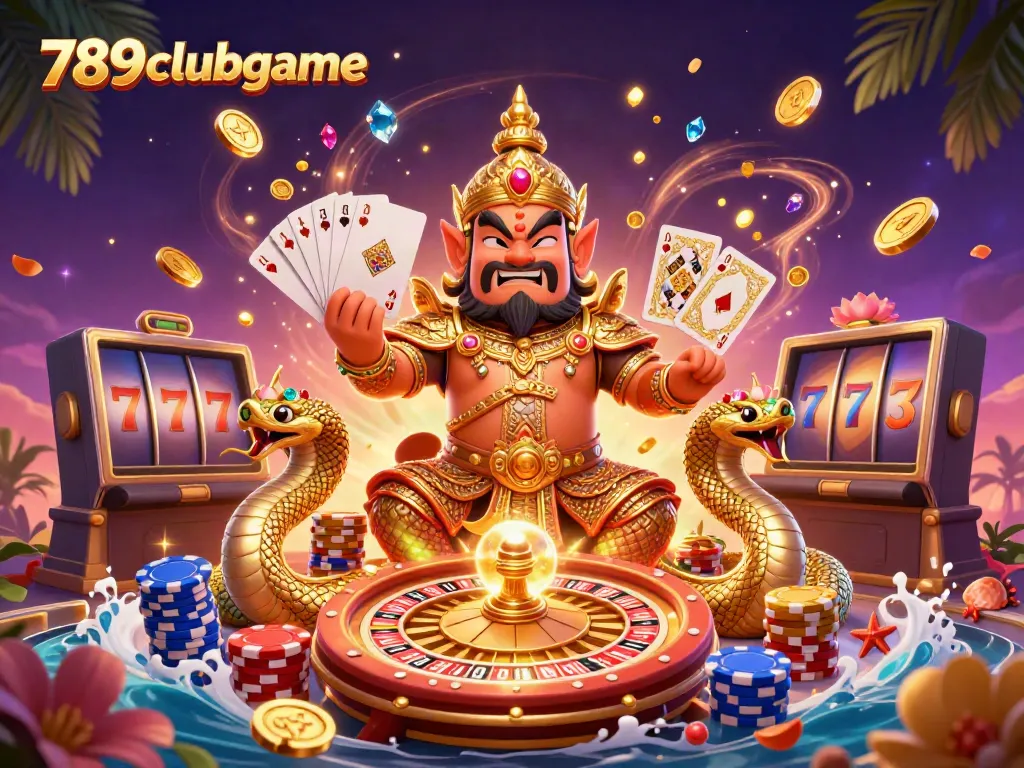 Experience the vibrant excitement of 789clubgame with golden coins, roulette, and cards illuminating a thrilling online casino scene.