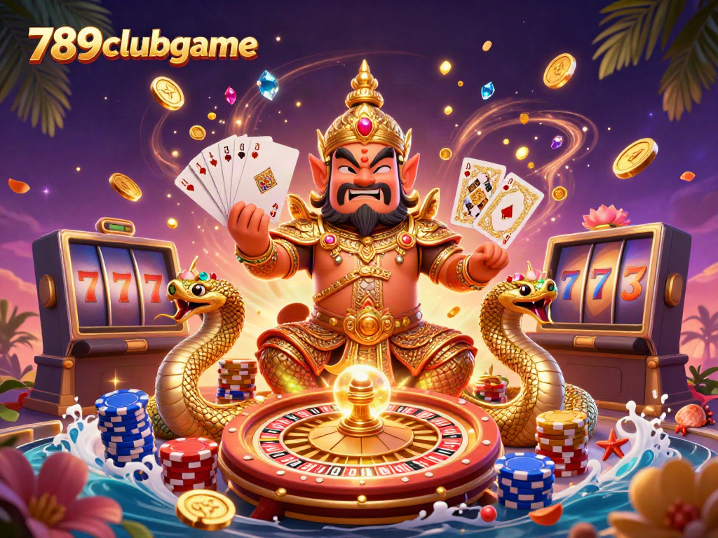 Experience the vibrant excitement of 789clubgame with golden coins, roulette, and cards illuminating a thrilling online casino scene.