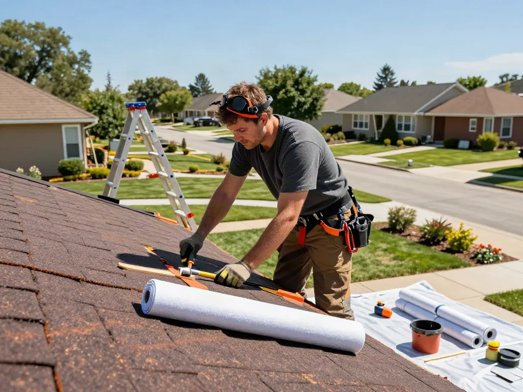 Expert performing felt roof replacement on a clear sunny day with tools and materials around.