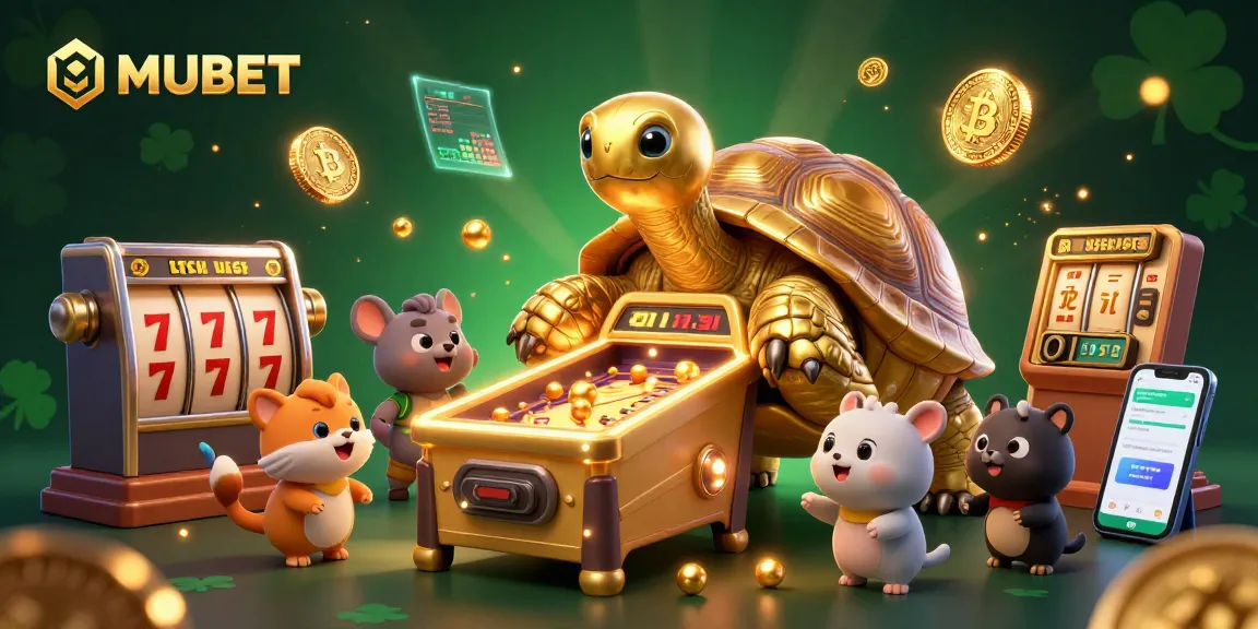 MUBET players enjoying a vibrant casino scene with a golden tortoise pinball machine, rich gaming elements, and exciting atmosphere.