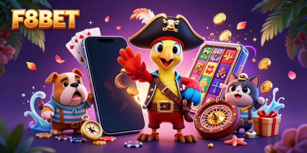 Experience high-energy gaming at F8BET with a vibrant illustration featuring dynamic casino characters.