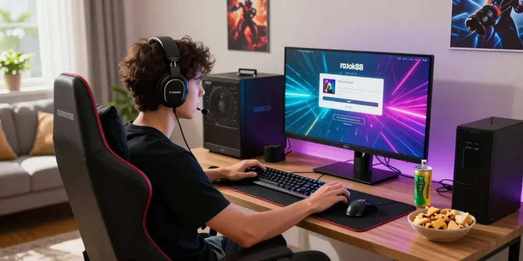 Young adult engaging with rokok88 login screen in a vibrant gaming room.