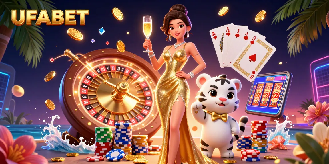Bet and win at UFABET with a glamorous illustration of a woman celebrating with tokens and a lucky tiger.