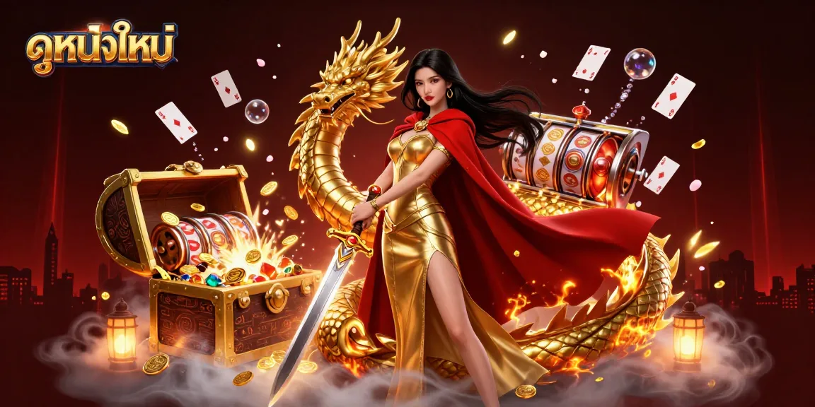 Experience the excitement of ดูหนังใหม่ in a vibrant casino scene with dynamic elements and a captivating warrior queen.