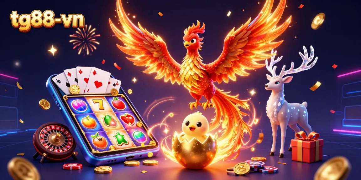 Engage with tg88-vn featuring a vibrant 3D illustration of a phoenix promoting exciting slot games and jackpots.