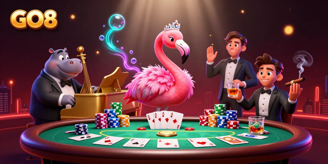 Engage with the thrilling GO8 casino experience featuring vibrant characters surrounded by poker action.