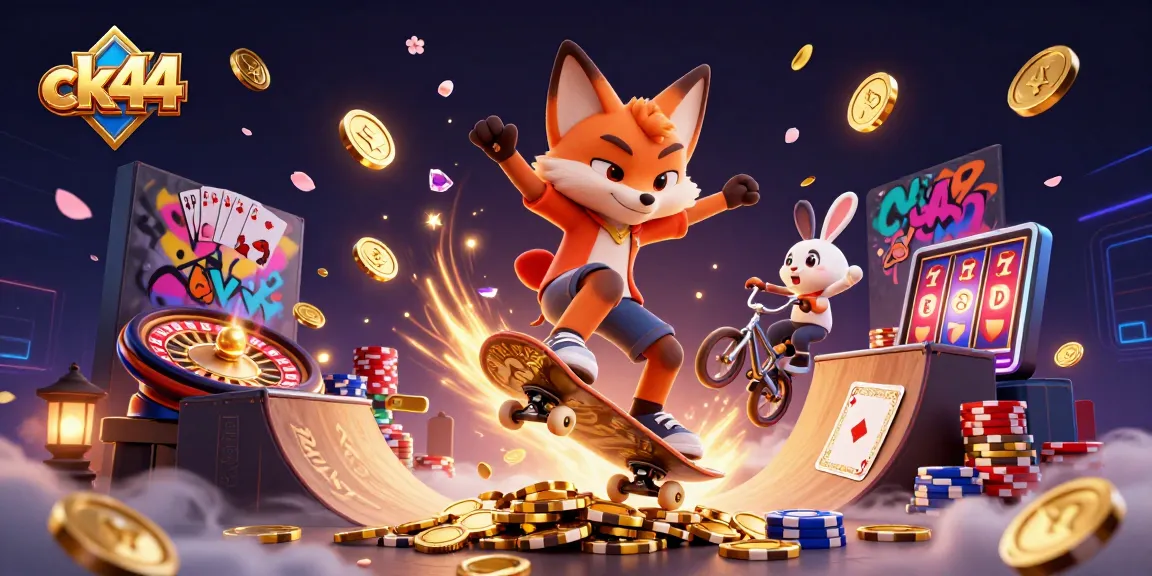Experience excitement with ck44, featuring a cartoon fox skating over golden poker chips as coins and gems cascade around.