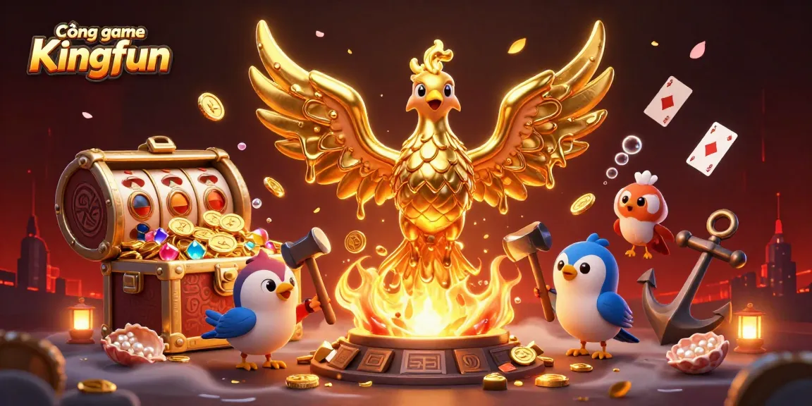 Cổng game Kingfun hosts a golden phoenix emerging with slot reels and treasure, illustrating an exciting casino experience.