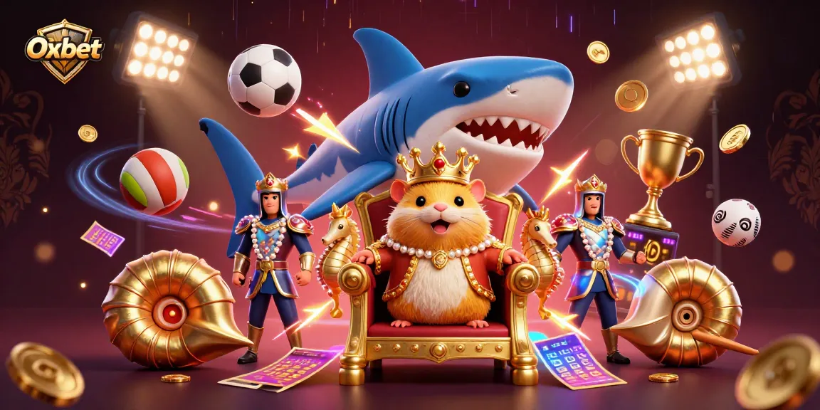 Engage with the vibrant Oxbet scene featuring a fierce hamster king on a megalodon throne amid sports betting excitement.