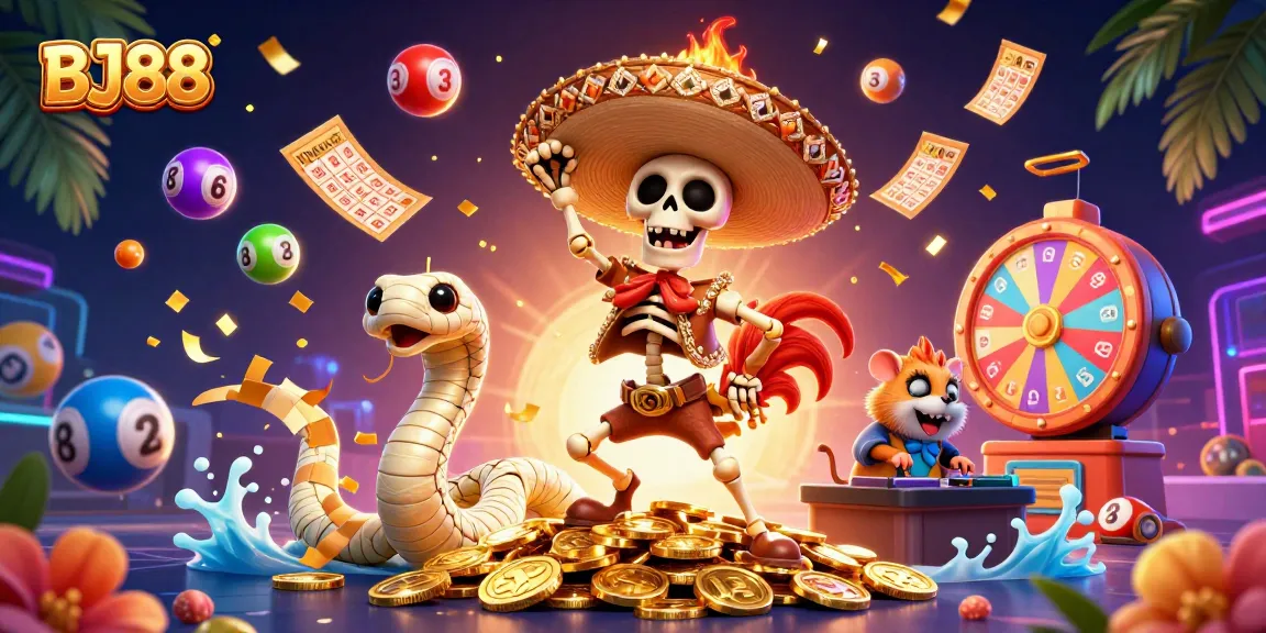Engage with the vibrant BJ88 casino scene featuring energetic characters and dynamic gambling elements.