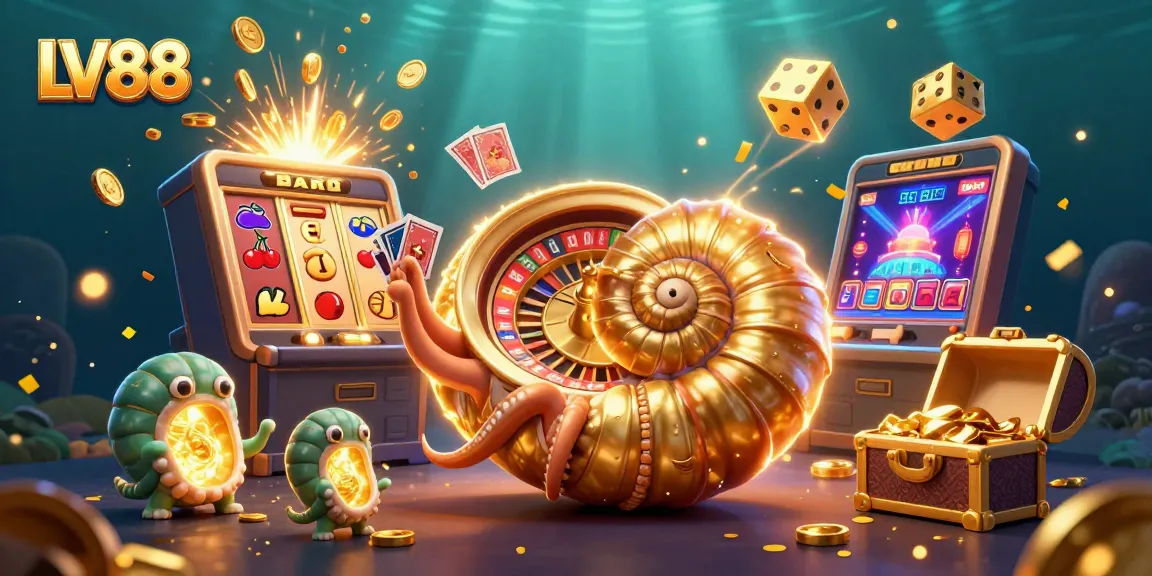 Engage with LV88's thrilling casino experience through a vibrant 3D illustration of gaming elements.