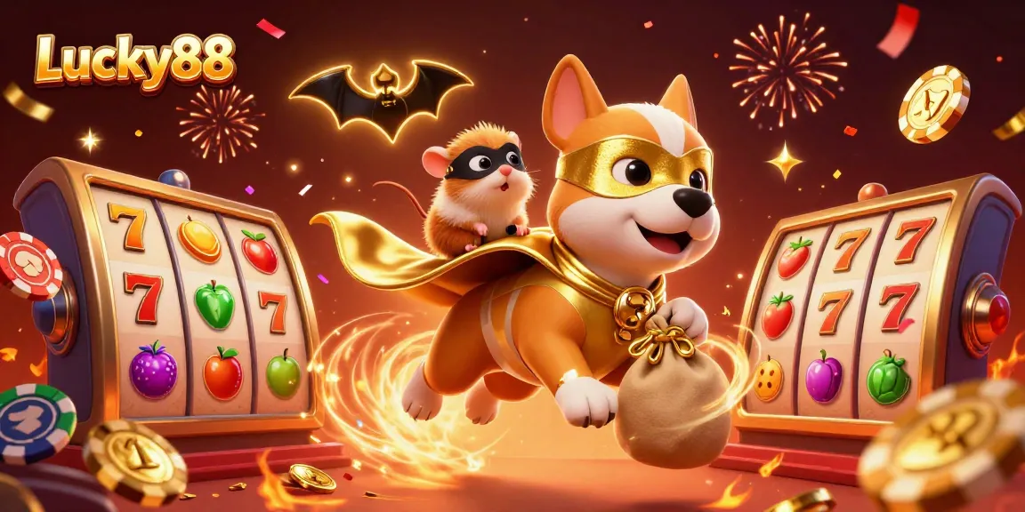 Play Lucky88 visually captivating casino game with colorful slot elements and superhero characters.