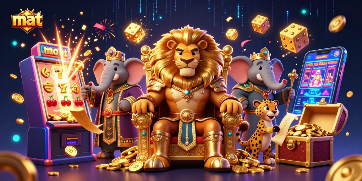 Experience thrilling casino action with mat's dynamic 3D illustration featuring a lion king and game elements.