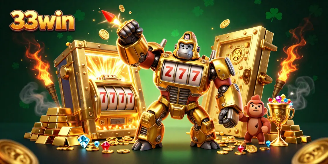 Engage in thrilling gameplay at 33win with stunning 3D casino illustration showcasing golden gorilla mech and treasure.