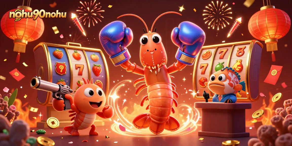 Nohu90nohu's vibrant online casino scene featuring a mantis shrimp champion and dazzling slot game elements.