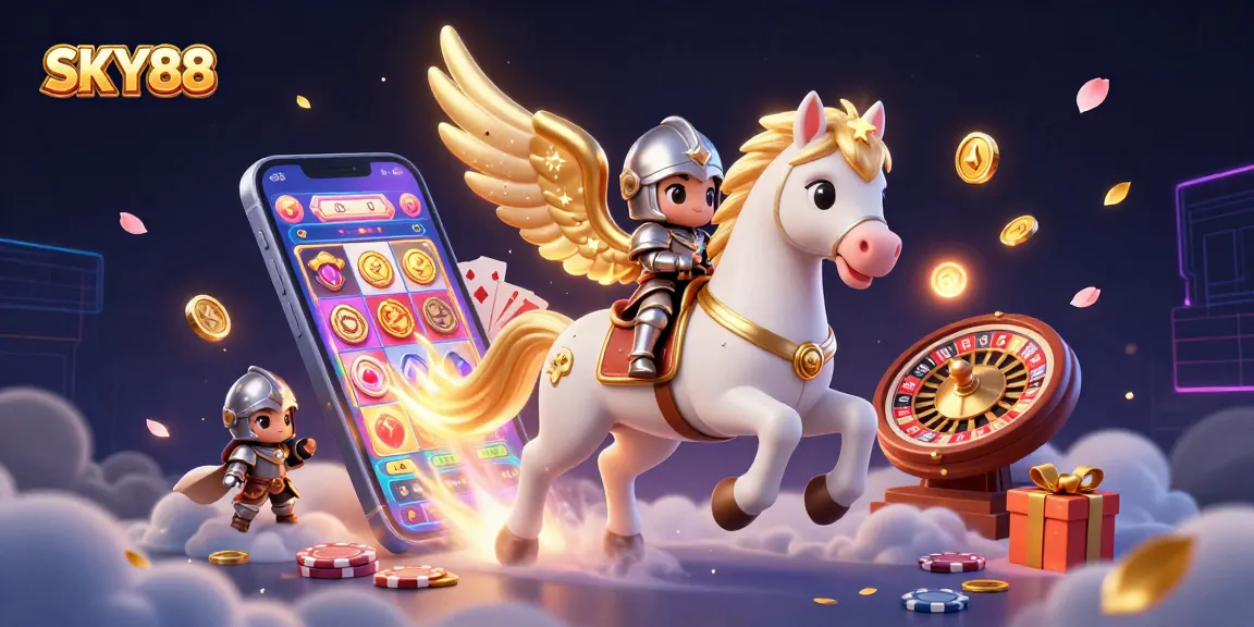 Experience the thrill of SKY88 with an enchanting 3D illustration showcasing vibrant casino themes.