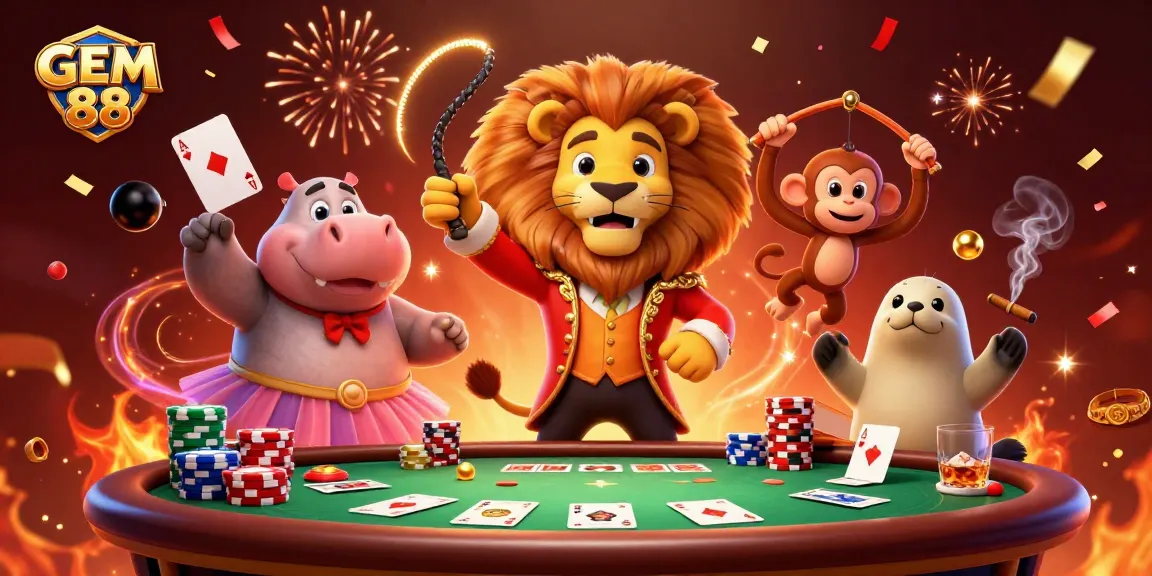 Engaging scene with GEM 88 characters betting big on a vibrant casino game table.