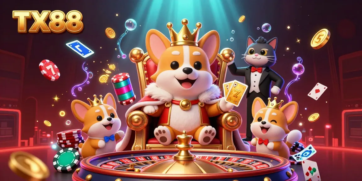 Spin the TX88 reels with the royal corgi and cat butler amidst gold coins and exciting casino elements.