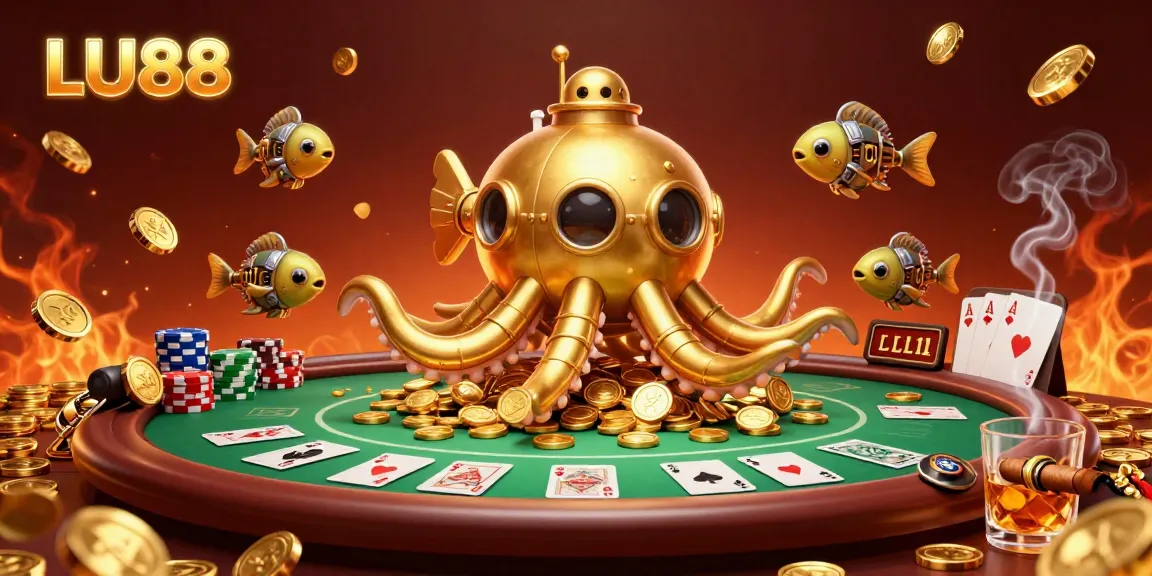 Experience thrilling gameplay with LU88 in a vibrant 3D casino scene filled with dynamic poker elements.